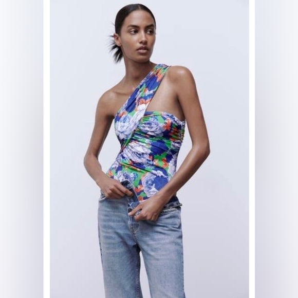 Zara Asymmetric Neckline Ruched Floral Bodysuit Blogger Fave Bold Vibrant Small - Picture 16 of 16